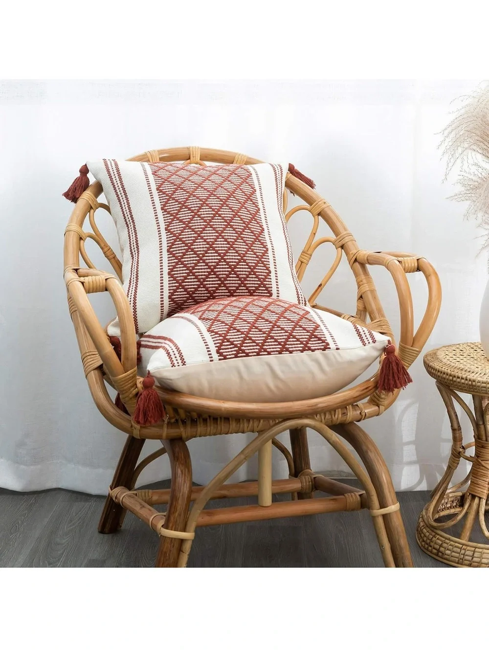 Boho Diamond Jacquard Tassel Throw Pillow Covers - Rust Cream (Set of 2) C10